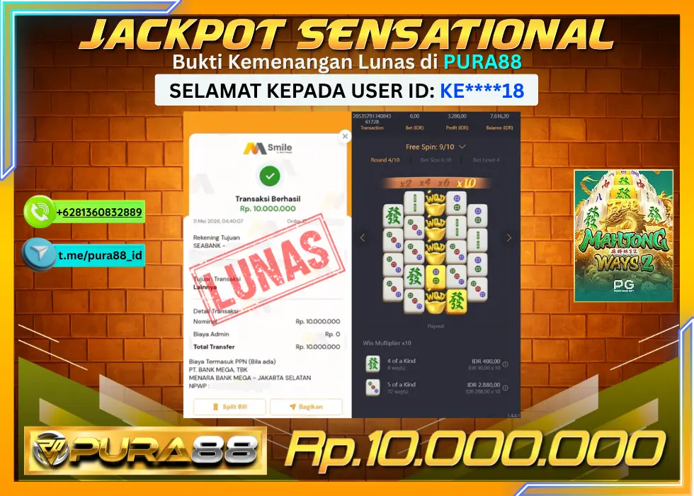 PURA88 JACKPOT MAHJONG WAYS 2 Rp 10.000.000,- LUNAS